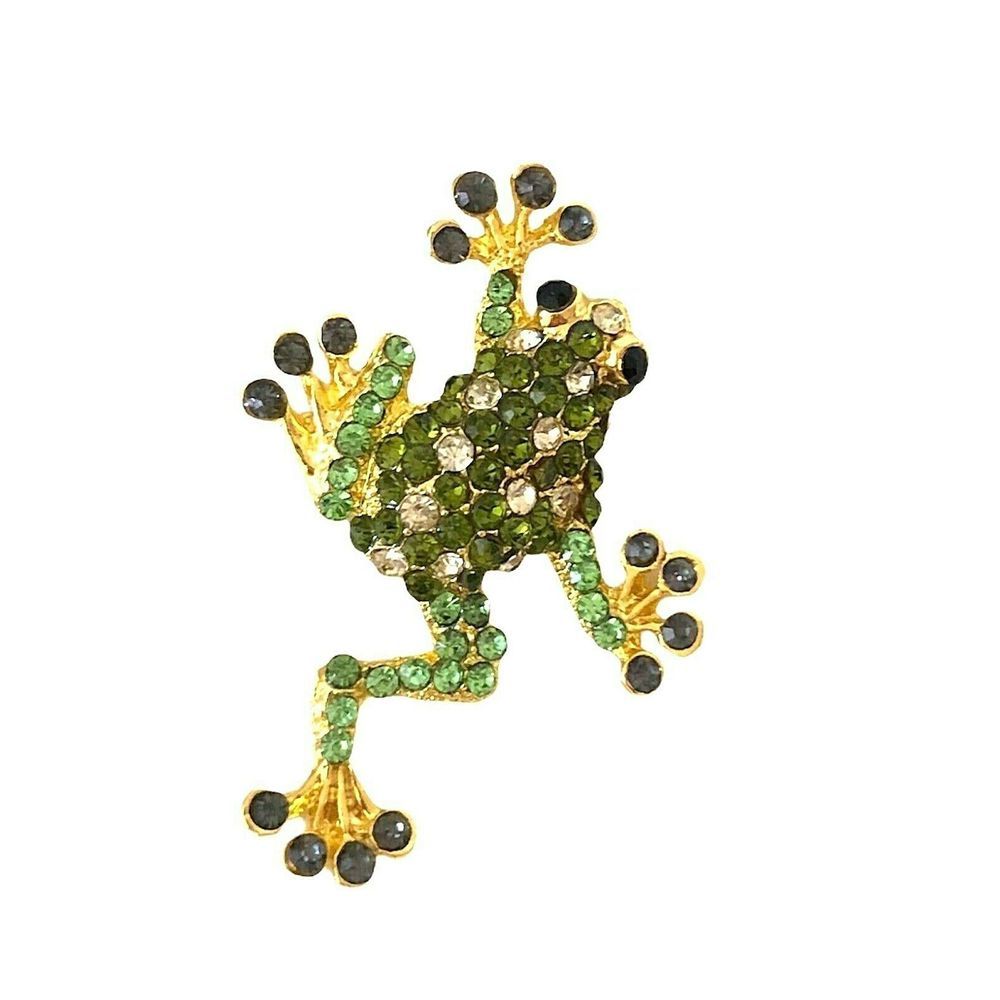 Frog Gold Shades of Emerald Peridot Green Crystal Rhinestone Studded Pin Brooch